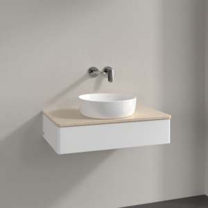 Meuble vasque Villeroy &amp; Boch Antao K08013MT 80 x 19 x 50 cm, plan vasque couleur Botticino, laque blanche mate
