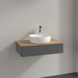 Meuble vasque Villeroy &amp; Boch Antao K08051GK 80 x 19 x 50 cm, percé pour robinetterie, plan vasque couleur chêne miel, laque anthracite mate