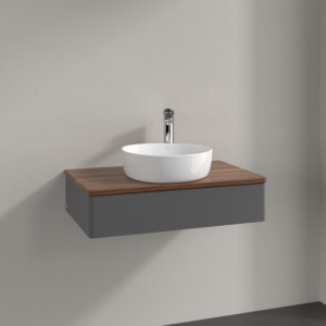 Meuble vasque Villeroy &amp; Boch Antao K08052GK 80 x 19 x 50 cm, percé pour robinetterie, plan vasque couleur noyer chaud, laque anthracite mate