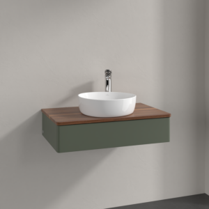 Meuble vasque Villeroy &amp; Boch Antao K08052HL 80 x 19 x 50 cm, percé pour robinetterie, plan vasque couleur noyer chaud, laque mate vert feuille
