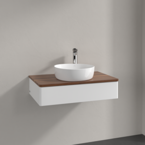 Meuble vasque Villeroy &amp; Boch Antao K08052MT 80 x 19 x 50 cm, percé pour robinetterie, plan vasque couleur noyer chaud, laque blanche mate
