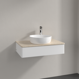 Villeroy &amp; Boch Antao vanity unit K08053MT 80x19x50cm, tap hole, washbasin top color botticino, white matt lacquer