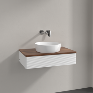 Meuble vasque Villeroy &amp; Boch Antao K08112MT 80 x 19 x 50 cm, plan vasque couleur noyer chaud, laque blanche mate