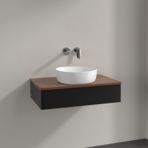 Meuble vasque Villeroy &amp; Boch Antao K08112PD 80 x 19 x 50 cm, plan vasque couleur noyer chaud, laque noire mate