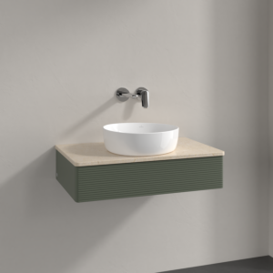Meuble vasque Villeroy &amp; Boch Antao K08113HL 80 x 19 x 50 cm, plan vasque couleur Botticino, laque mate vert feuille