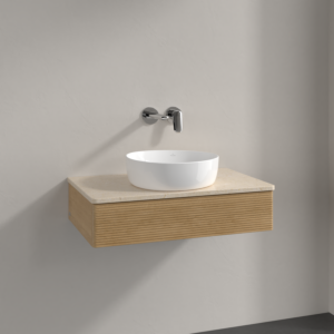 Meuble vasque Villeroy &amp; Boch Antao K08113HN 80 x 19 x 50 cm, plan vasque couleur Botticino, chêne miel