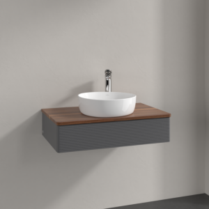 Meuble vasque Villeroy &amp; Boch Antao K08152GK 80 x 19 x 50 cm, percé pour robinetterie, plan vasque couleur noyer chaud, laque anthracite mate