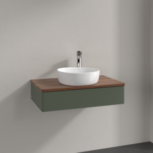 Villeroy &amp; Boch Antao vanity unit K08152HL 80x19x50cm, tap hole, washbasin top color warm walnut, leaf green matt lacquer