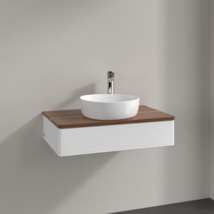 Villeroy und Boch Antao Waschtisch-Unterschrank K08152MT 80x19x50cm, Hahnloch, Waschbeckenplattenfarbe warm walnut, white matt lacquer