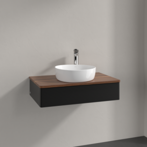 Meuble vasque Villeroy &amp; Boch Antao K08152PD 80 x 19 x 50 cm, percé pour robinetterie, plan vasque couleur noyer chaud, laque noire mate