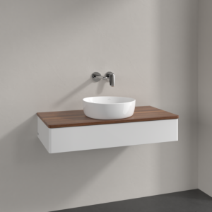 Meuble vasque Villeroy &amp; Boch Antao K09012GF 100 x 19 x 50 cm, plan vasque couleur noyer chaud, laque blanche brillante