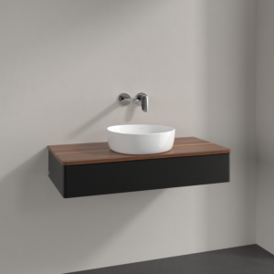 Meuble vasque Villeroy &amp; Boch Antao K09012PD 100 x 19 x 50 cm, plan vasque couleur noyer chaud, laque noire mate