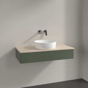 Meuble vasque Villeroy &amp; Boch Antao K09013HL 100 x 19 x 50 cm, plan vasque couleur Botticino, laque mate vert feuille