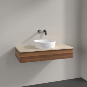 Meuble vasque Villeroy &amp; Boch Antao K09013HM 100 x 19 x 50 cm, plan vasque couleur Botticino, noyer chaud