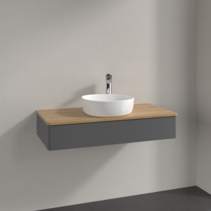 Meuble vasque Villeroy &amp; Boch Antao K09051GK 100 x 19 x 50 cm, percé pour robinetterie, plan vasque couleur chêne miel, laque anthracite mate