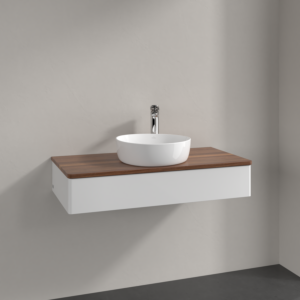 Villeroy &amp; Boch Antao vanity unit K09052GF 100x19x50cm, tap hole, washbasin top color warm walnut, glossy white lacquer