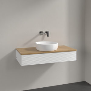 Meuble vasque Villeroy &amp; Boch Antao K09111MT 100 x 19 x 50 cm, plan vasque couleur chêne miel, laque blanche mate