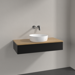 Meuble vasque Villeroy &amp; Boch Antao K09111PD 100 x 19 x 50 cm, plan vasque couleur chêne miel, laque noire mate