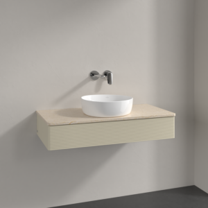 Meuble vasque Villeroy &amp; Boch Antao K09113HJ 100 x 19 x 50 cm, plan vasque couleur Botticino, laque mate gris soie