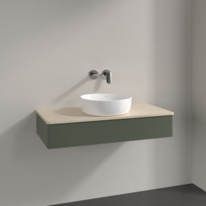 Meuble vasque Villeroy &amp; Boch Antao K09113HL 100 x 19 x 50 cm, plan vasque couleur Botticino, laque mate vert feuille