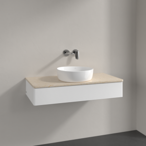 Meuble vasque Villeroy &amp; Boch Antao K09113MT 100 x 19 x 50 cm, plan vasque couleur Botticino, laque blanche mate