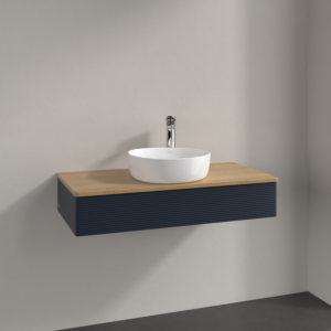 Meuble vasque Villeroy &amp; Boch Antao K09151HG 100 x 19 x 50 cm, percé pour robinetterie, plan vasque couleur chêne miel, laque mate bleu nuit