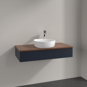 Meuble vasque Villeroy &amp; Boch Antao K09152HG 100 x 19 x 50 cm, percé pour robinetterie, plan vasque couleur noyer chaud, laque mate bleu nuit