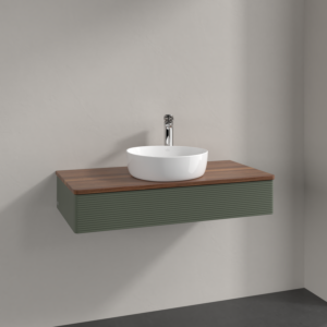 Villeroy und Boch Antao Waschtisch-Unterschrank K09152HL 100x19x50cm, Hahnloch, Waschbeckenplattenfarbe warm walnut, leaf green matt lacquer