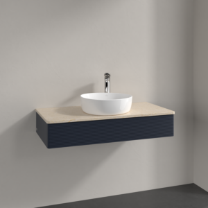 Meuble vasque Villeroy &amp; Boch Antao K09153HG 100 x 19 x 50 cm, percé pour robinetterie, plan vasque couleur Botticino, laque mate bleu nuit