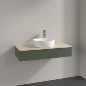 Villeroy und Boch Antao Waschtisch-Unterschrank K09153HL 100x19x50cm, Hahnloch, Waschbeckenplattenfarbe botticino, leaf green matt lacquer