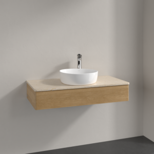 Meuble vasque Villeroy &amp; Boch Antao K09153HN 100 x 19 x 50 cm, percé pour robinetterie, plan vasque couleur Botticino, chêne miel