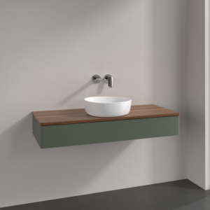 Meuble vasque Villeroy &amp; Boch Antao K10012HL 120 x 19 x 50 cm, plan vasque couleur noyer chaud, laque mate vert feuille