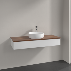 Meuble vasque Villeroy &amp; Boch Antao K10052GF 120 x 19 x 50 cm, percé pour robinetterie, plan vasque couleur noyer chaud, laque blanche brillante