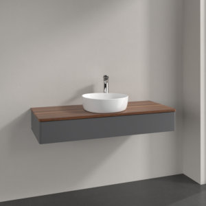 Meuble vasque Villeroy &amp; Boch Antao K10052GK 120 x 19 x 50 cm, percé pour robinetterie, plan vasque couleur noyer chaud, laque anthracite mate