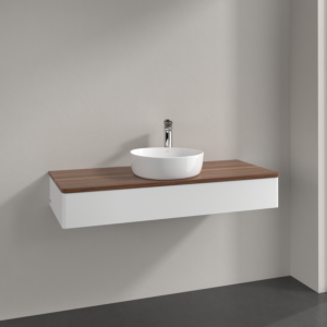 Villeroy &amp; Boch Antao vanity unit K10052MT 120x19x50cm, tap hole, washbasin top color warm walnut, white matt lacquer