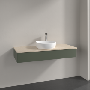 Meuble vasque Villeroy &amp; Boch Antao K10053HL 120 x 19 x 50 cm, percé pour robinetterie, plan vasque couleur Botticino, laque mate vert feuille