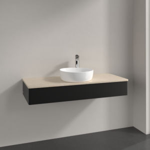 Meuble vasque Villeroy &amp; Boch Antao K10053PD 120 x 19 x 50 cm, percé pour robinetterie, plan vasque couleur Botticino, laque noire mate