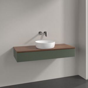 Meuble vasque Villeroy &amp; Boch Antao K10112HL 120 x 19 x 50 cm, plan vasque couleur noyer chaud, laque mate vert feuille