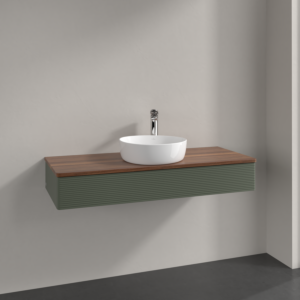 Meuble vasque Villeroy &amp; Boch Antao K10152HL 120 x 19 x 50 cm, percé pour robinetterie, plan vasque couleur noyer chaud, laque mate vert feuille