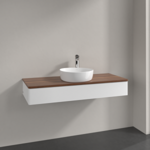 Villeroy &amp; Boch Antao vanity unit K10152MT 120x19x50cm, tap hole, washbasin top color warm walnut, white matt lacquer