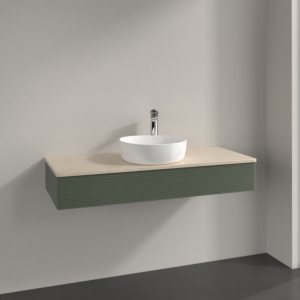 Villeroy &amp; Boch Antao vanity unit K10153HL 120x19x50cm, tap hole, washbasin top color botticino, leaf green matt lacquer