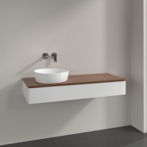 Meuble vasque Villeroy &amp; Boch Antao K11012GF 120 x 19 x 50 cm, plan vasque couleur noyer chaud, laque blanche brillante