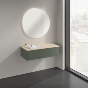 Buffet Villeroy &amp; Boch Antao K40003HL 100 x 26,8 x 50 cm, plan vasque couleur Botticino, laque mate vert feuille