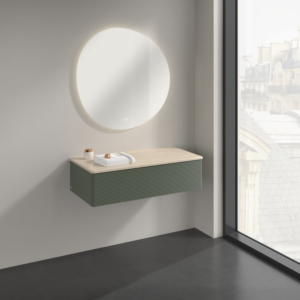 Buffet Villeroy &amp; Boch Antao K40103HL 100 x 26,8 x 50 cm, plan vasque couleur Botticino, laque mate vert feuille