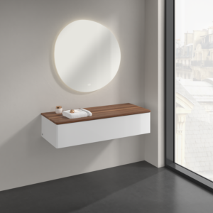 Buffet Villeroy &amp; Boch Antao K41002GF 120 x 26,8 x 50 cm, plan vasque couleur noyer chaud, laque blanche brillante