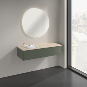 Buffet Villeroy &amp; Boch Antao K41003HL 120 x 26,8 x 50 cm, plan vasque couleur Botticino, laque mate vert feuille