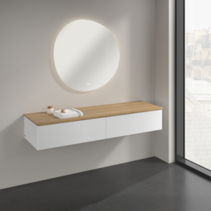 Buffet Villeroy &amp; Boch Antao K42001MT 160 x 26,8 x 50 cm, plan vasque couleur chêne miel, laque blanche mate