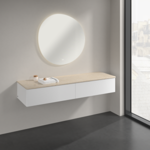 Buffet Villeroy &amp; Boch Antao K42003MT 160 x 26,8 x 50 cm, plan vasque couleur Botticino, laque blanche mate