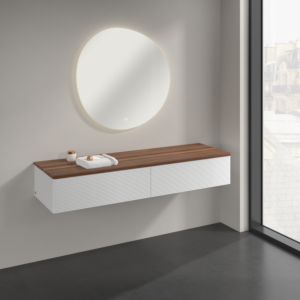 Buffet Villeroy &amp; Boch Antao K42102GF 160 x 26,8 x 50 cm, plan vasque couleur noyer chaud, laque blanche brillante