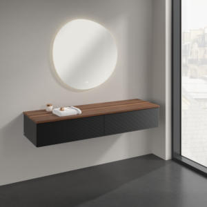 Buffet Villeroy &amp; Boch Antao K42102PD 160 x 26,8 x 50 cm, plan vasque couleur noyer chaud, laque noire mate